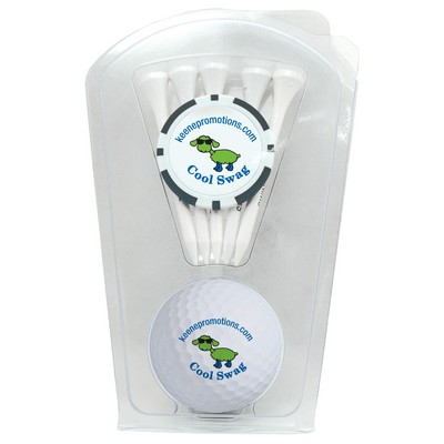 Golf Ball Clamshell with Poker Chip and Five Golf Tees
