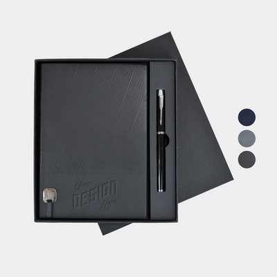 TiTUS® Executive Corduroy PU Leather A5 Notebook with Metal Bookmark, Pen in EVA Case Gift Set